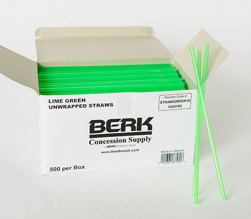 Open white box filled with lime green drinking straws, and three lime green drinking straws outside of the box leaning up against it